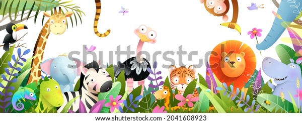 Jungle animal wallpaper for walls frame design for kids, African baby zoo wallpaper in tropical forest. Many adorable safari or zoo animals in nature. Horizontal panorama for kids and children, vector art illustration.