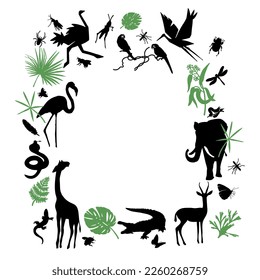 Jungle animals, frame. Vector pattern with tropical plants, safari animals, elephant, alligator, flamingo, giraffe