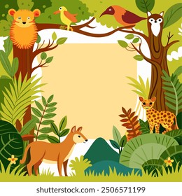 Jungle Animals Frame: A whimsical jungle scene with a blank space for your text.