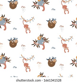 Jungle animals fun cute seamless pattern vector. Childish cartoon background with monkey, koala and sloth on white.