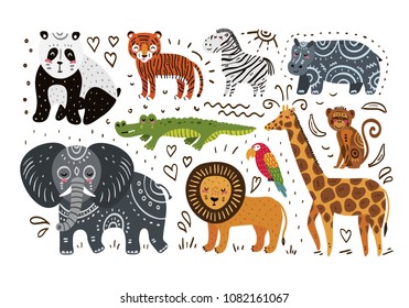 Jungle animals hand drawn vector tropical set