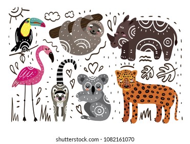 Jungle animals hand drawn vector tropical set