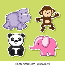 Jungle animals icons set. Vector illustration of cute animal set including monkey, elephant, hippopotamus and panda.