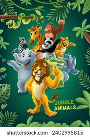 jungle animals illustration with exotic tropical savannah nature lion tiger zebra elephant crocodile gorilla rhinoceros snake panda giraffe gorilla