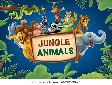 jungle animals illustration with exotic tropical savannah nature lion leopard zebra elephant crocodile gorilla rhinoceros snake panda giraffe gorilla