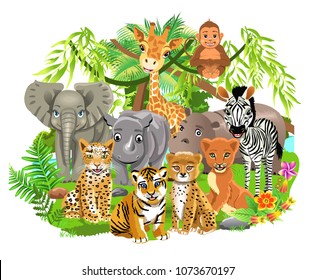 jungle animals like elephant, zebra, giraffe, lion, tiger in the tropical forest