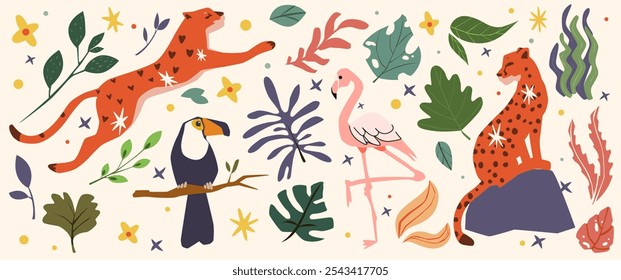 Animais da selva como leopardos, um tucano e um flamingo entre plantas tropicais e folhas. Adesivos relacionados à vida selvagem, natureza e temas exóticos. Conjunto de ilustrações vetoriais