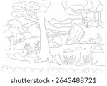 Jungle Animals Line Art Coloring Page, Detailed line art illustration depicting a lively jungle or savanna scene. Features a relaxed lion on a rock, a curious wild dog exploring, birds soaring, and