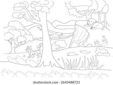 Jungle Animals Line Art Coloring Page, Detailed line art illustration depicting a lively jungle or savanna scene. Features a relaxed lion on a rock, a curious wild dog exploring, birds soaring, and