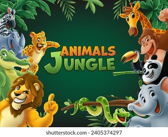 jungle animals mascot characters with natural background with plants,
lion, tiger, elephant, giraffe, gorilla, snake, rhinoceros, zebra, panda,leopard