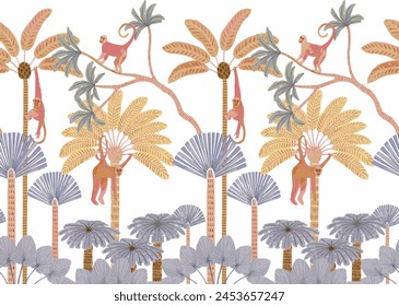 Jungle animals, Monkey and trees isolated. Vector.