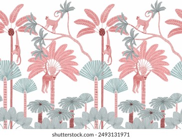 Jungle animals, Monkey and trees isolated. Hand drawn tropical vintage botanical landscape with palm trees, banana trees, palm leaves and monkeys.