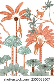 Jungle animals, Monkey and trees isolated. Hand drawn tropical vintage botanical landscape with palm trees, banana trees, palm leaves and monkeys. design for wallpaper, wallart, fabric.