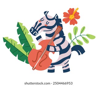 Jungle animals musician giraffe and zebra playing music. Vector graphic design illustration element