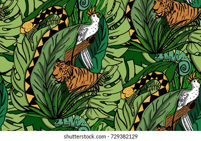 Jungle Animals on Green Background Pattern.