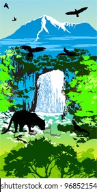 Jungle animals on the waterfall and mountains background