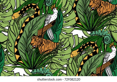 Jungle Animals on White Background Pattern.