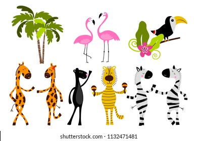 Jungle animals and palm trees. Cartoon zebra, giraffe, flamingo, panda, tiger. Can be used for child book, t-shirt print, poster, greeting card.