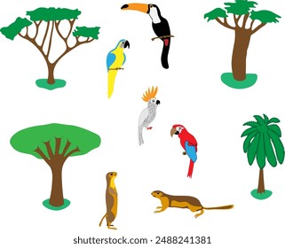 Jungle animals, palm trees, trees, exotic birds, parrots, cockatoos, isolated on a transparent background. Vector. Vector illustration. 