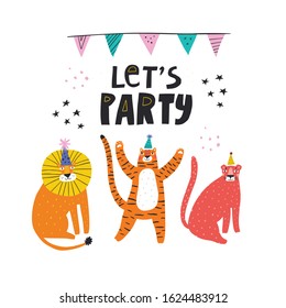 Jungle animals party vector illustration with typography