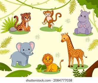 Jungle animals pattern. Collection of characters for children. African savannah, fauna, tropical forests. Picture for printing on fabric. Wildlife, greenery. Cartoon flat vector illustration