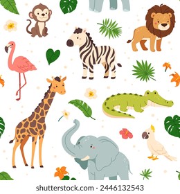 Jungle animals pattern. Funny cartoon seamless background with cute wild lion, funny monkey on liana, happy parrot and zebra. Safari wallpaper. Kids summer design, vector print. Wild characters