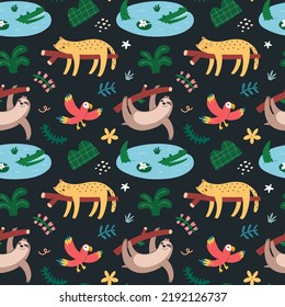 Jungle animals pattern, seamless ornament with cute leopard, sleeping wild jaguar, flying macaw parrot and crocodile smiling and swimming in the pond, childrens illustration, good for fabric print