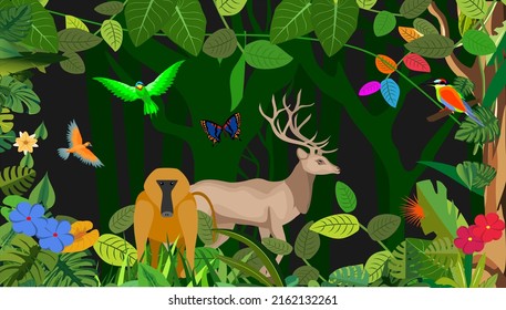 Jungle animals and plants template, deer, baboo and birds, vector illustration