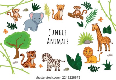 Jungle with animals. Poster or banner for website. Zebra, giraffe and elephant. African savanna, fauna and wild life. Foliage and animals. Greeting postcard design. Cartoon flat vector illustration