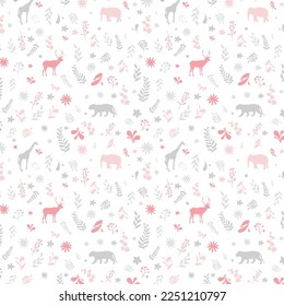 Jungle animals seamless kids pattern. Elephant, giraffe, tiger, deer and leaves. Creative kids texture for fabric, wrapping, textile, wallpaper, apparel etc.