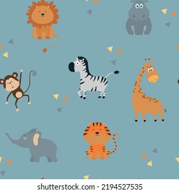 Jungle animals seamless pattern. Cute animals on blue background. Lion, zebra, monkey, hippo, tiger, giraffe, elephant