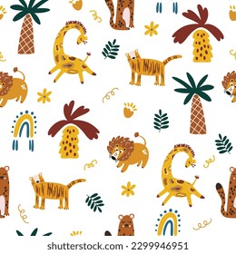 Jungle animals seamless pattern. Giraffe, lion, tiger, leopard, palm trees and flowers. Perfect for fabric, textile, wallpaper and scrapbooking. Creative Vector background