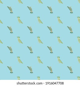 Los animales de la jungla se caracterizan por un patrón impecable con adorno de cacatúa de ave verde. Fondo azul. Huella de caricatura brillante. Impresión vectorial plana para textiles, tela, giftwrap, papel pintado. Ilustración sin fin.
