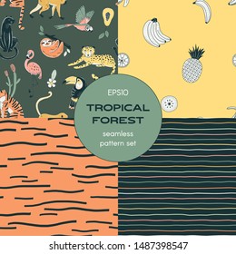 Jungle animals seamless pattern set. Tropical exotic fruits. Animals and plants. Striped print. Rainforest wildlife. Decorative textile, wallpaper, wrapping paper vector design