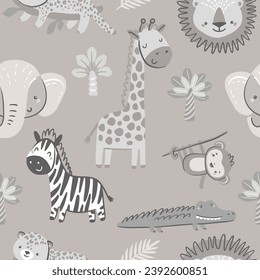 Jungle animals, seamless pattern with vector hand drawn art