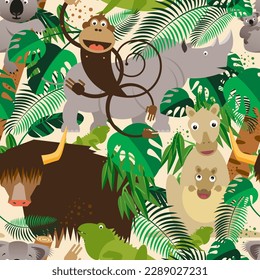 Jungle Animals, Seamless Vector Pattern Design, Illustration, Colorful, Childish, Cheerful, Friendly, Background, Editable, Fashion, Clothes, Monkey, Kangaroo, Yak, Koala, Leaves, Floral