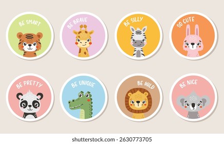 Jungle animals set isolated, cute animals, kids stickers, cartoon, for kids
