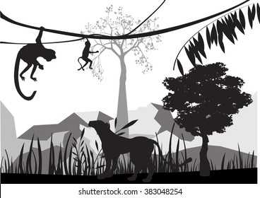 Jungle animals silhouettes vector illustration. Apes, leopard, tree silhouettes