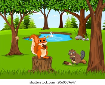 jungle animals squirrel beaver duck and lizard

