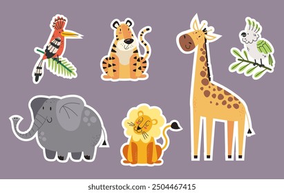 Conjunto aislado de pegatinas de animales de la selva. Vector Diseño gráfico elemento de ilustración 