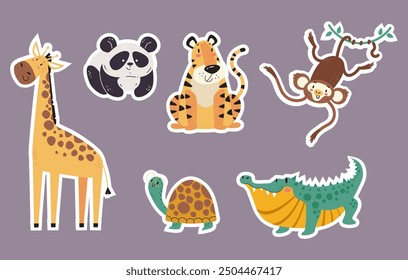 Conjunto aislado de pegatinas de animales de la selva. Vector Diseño gráfico elemento de ilustración 