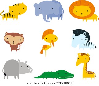 Jungle animals themes icon set, with tiger, elephant, lion, monkey, zebra, hippo, crocodile and giraffe vector illustration. 