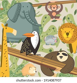 jungle animals tree banches foliage nature landscape cartoon vector illustration