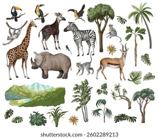 Jungle animals and trees isolated. Palm trees, giraffe, okapi, zebra etc.  Vector
