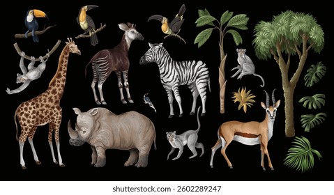 Jungle animals and trees isolated. Palm trees, giraffe, okapi, zebra etc.  Vector