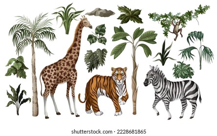 Jungle animals and trees isolated. Vector