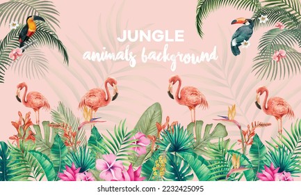 Jungle animals tropic background, forest nature illustration vector, flamingo and parrot illustrations, flower and palm exotic wallpaper, jungle poster, floral nature, leaf summer background. 
