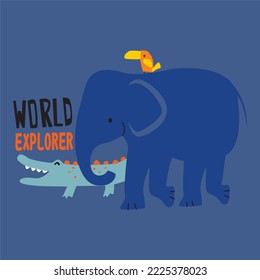 jungle animals and tropical plants - vector illustration, hand drawn design for tshirt kids 