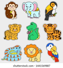 Jungle. Animals under the tree: crocodile, lion, tiger, hyena, parrot, cockatoo, snake, elephant, leopard, monkey. Little kids