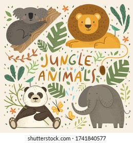 Jungle animals. Vector cute illustration of koala on branch, lion, panda holds bamboo, elephant, tropical palm leaves, flowers, green leaves isolated objects. Drawings for banner, card, postcard